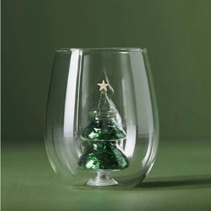 Anthropologie Yuletide Stemless Green Christmas Tree Wine Glass - NEW 2023
